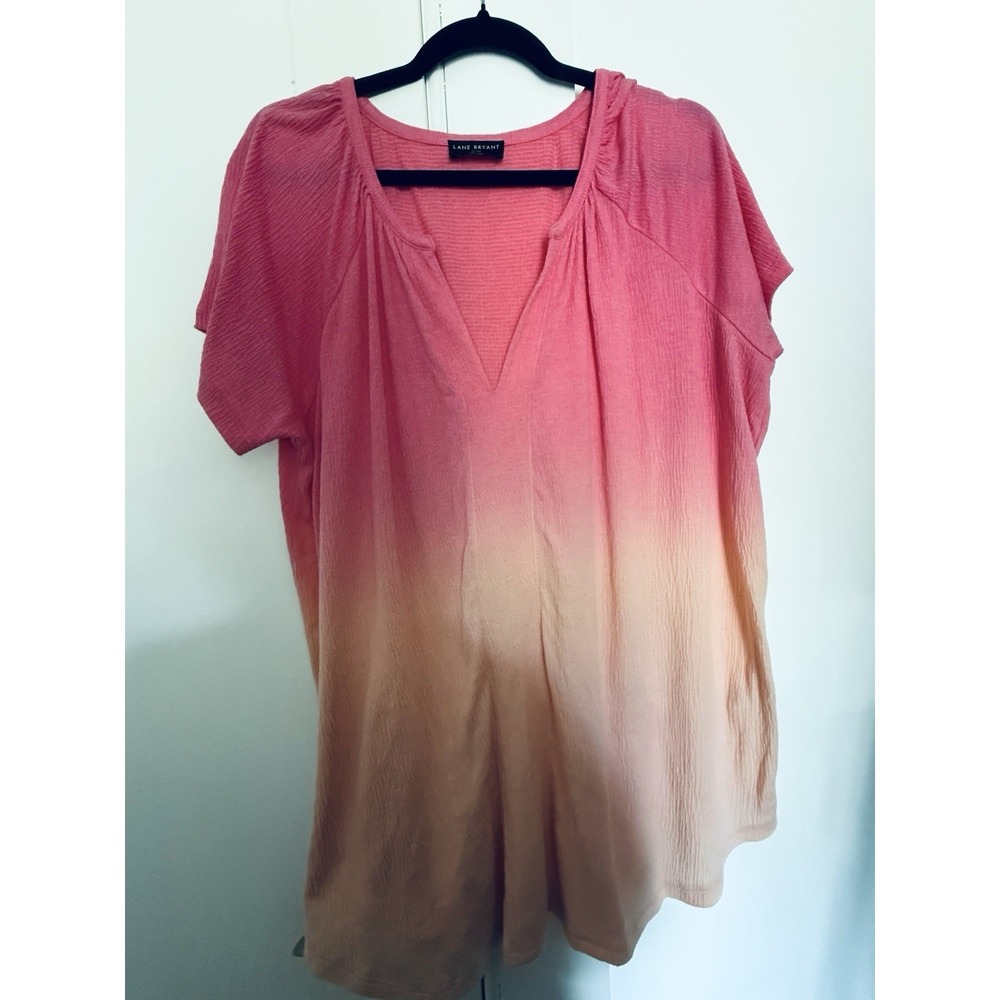 Lane Bryant 14/16 Pink Peach Ombre Gauze Split Neck Blouse Short Sleeve Top